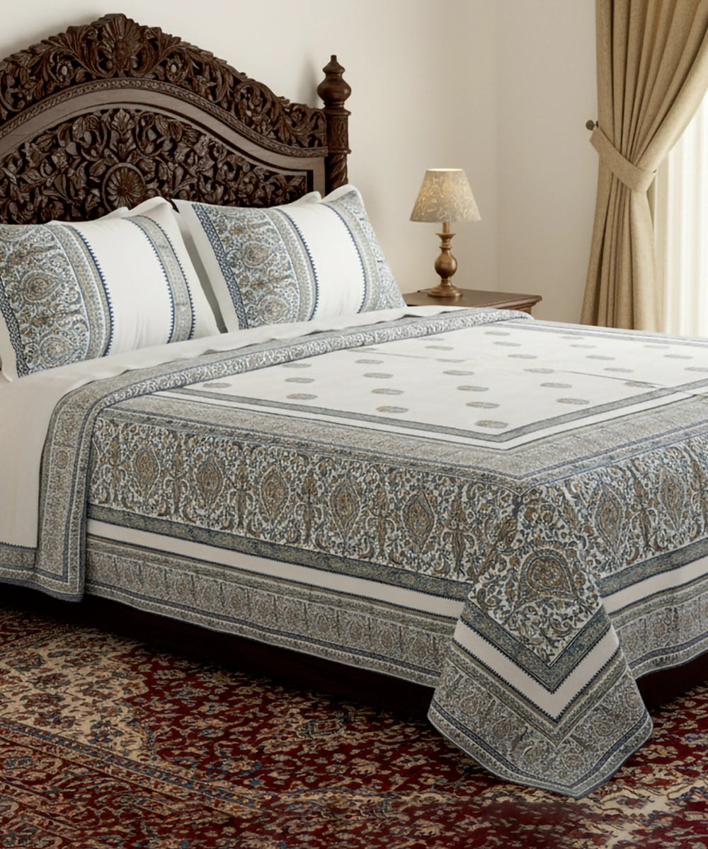 Light Nude Floral Cotton Satin Block Printed King Bed Sheet With 2 Pillow Cover