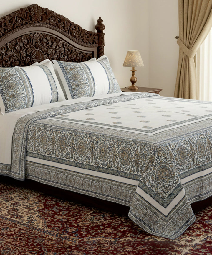Light Nude Floral Cotton Satin Block Printed King Bed Sheet With 2 Pillow Cover