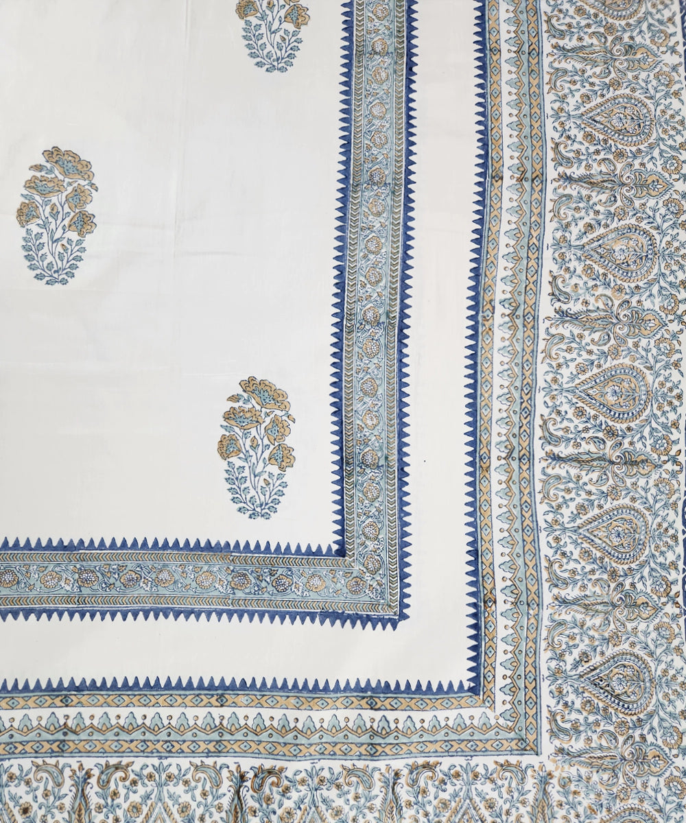 Light Nude Floral Cotton Satin Block Printed King Bed Sheet With 2 Pillow Cover