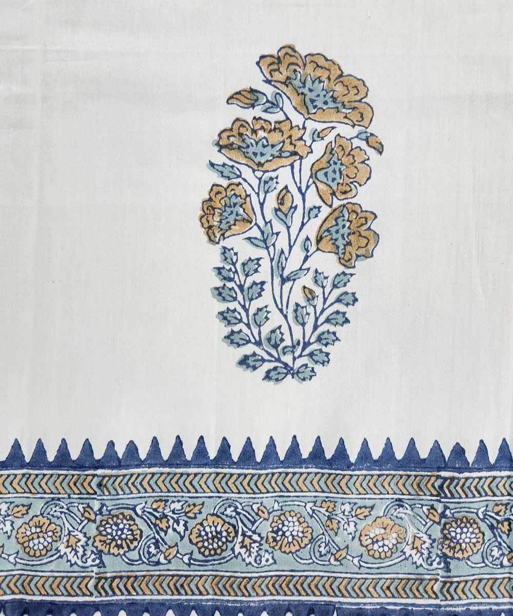 Light Nude Floral Cotton Satin Block Printed King Bed Sheet With 2 Pillow Cover