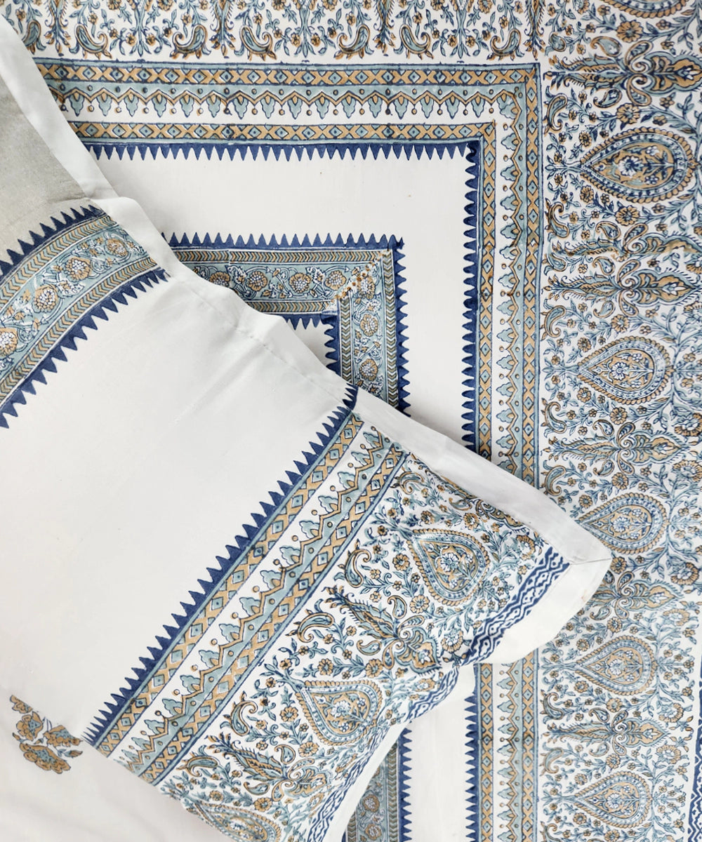 Light Nude Floral Cotton Satin Block Printed King Bed Sheet With 2 Pillow Cover