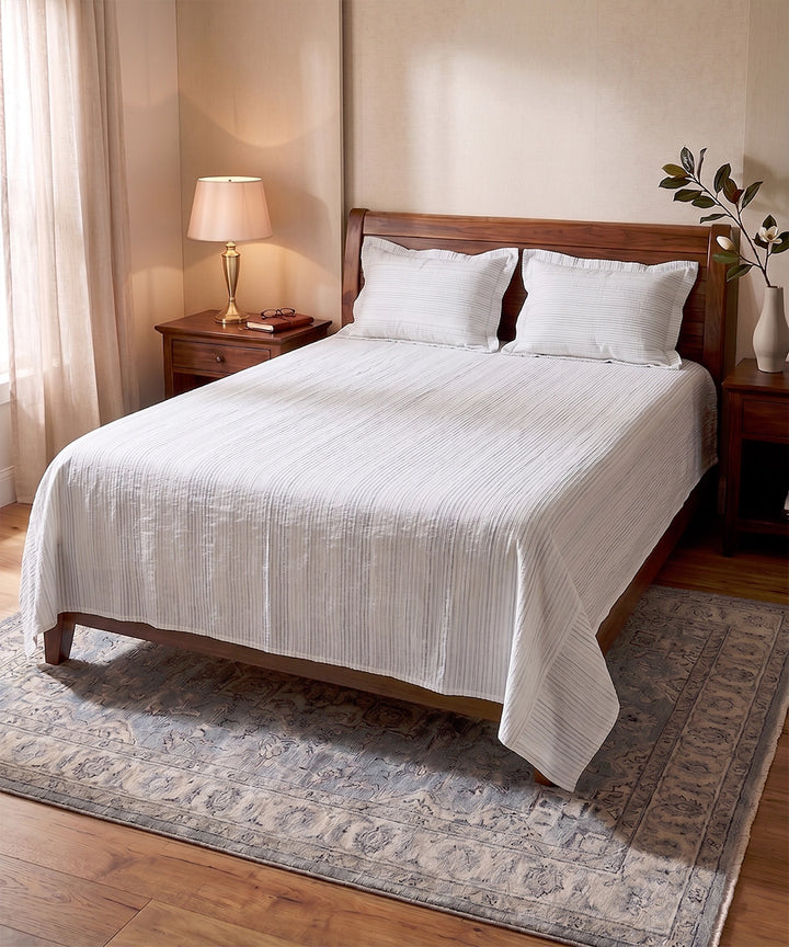 Off White & Grey Corded Ribs Cotton Slub Stripe Queen Bedcover with 2 Pillow covers