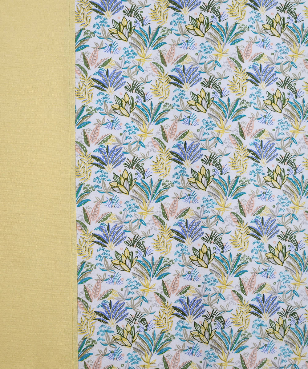 Off White & Yellow Floral Printed Cotton Bedcover with 2 Pillow Cases