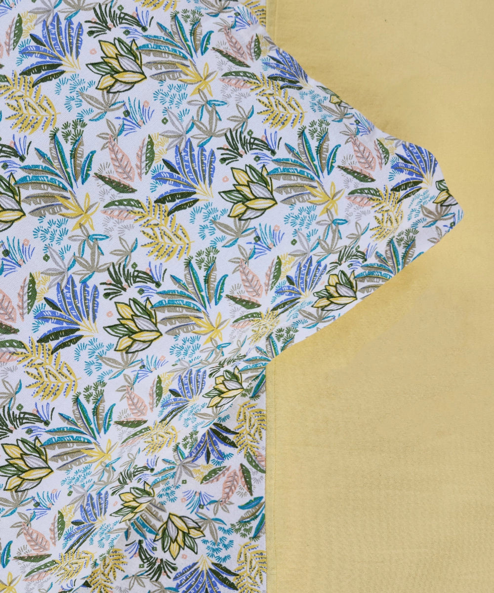 Off White & Yellow Floral Printed Cotton Bedcover with 2 Pillow Cases