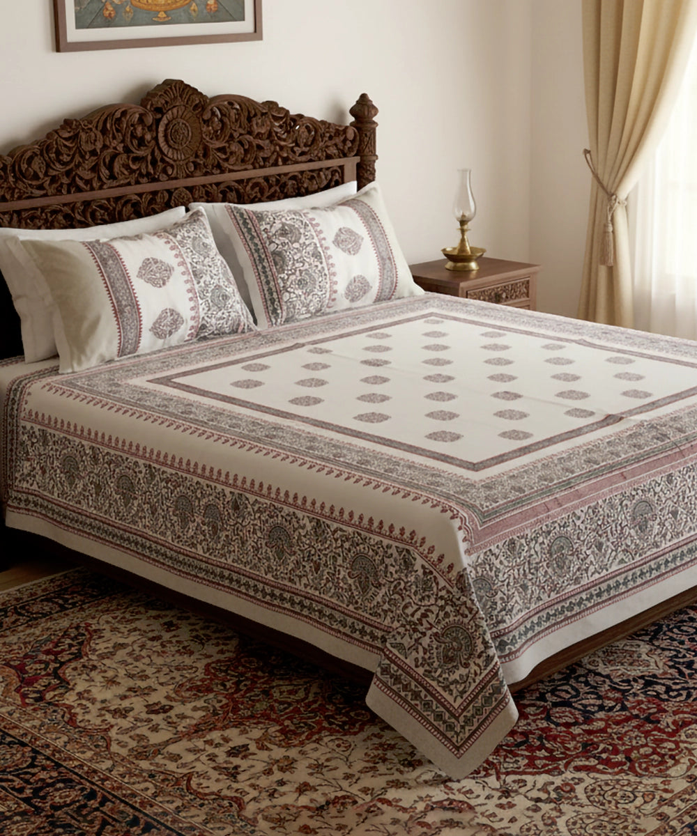 Light Nude Parrot Cotton Satin Block Printed King Bed Sheet With 2 Pillow Cover