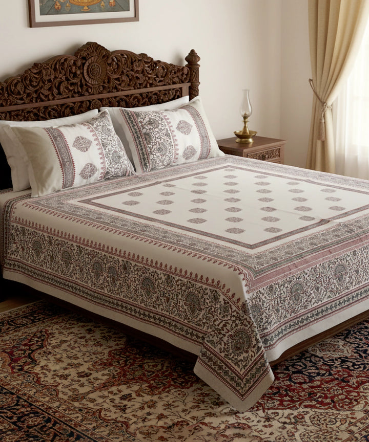 Light Nude Parrot Cotton Satin Block Printed King Bed Sheet With 2 Pillow Cover