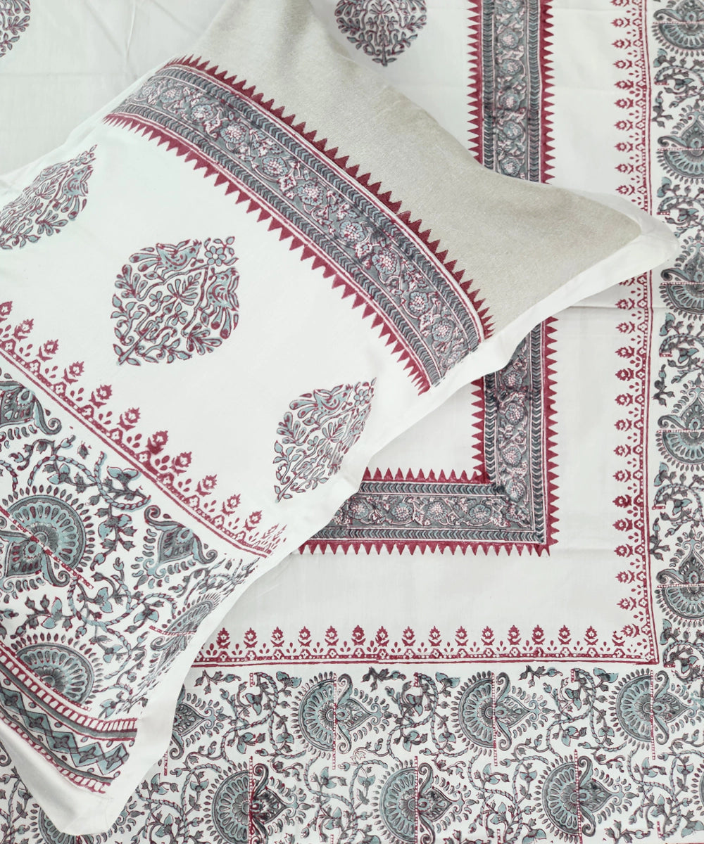 Light Nude Parrot Cotton Satin Block Printed King Bed Sheet With 2 Pillow Cover