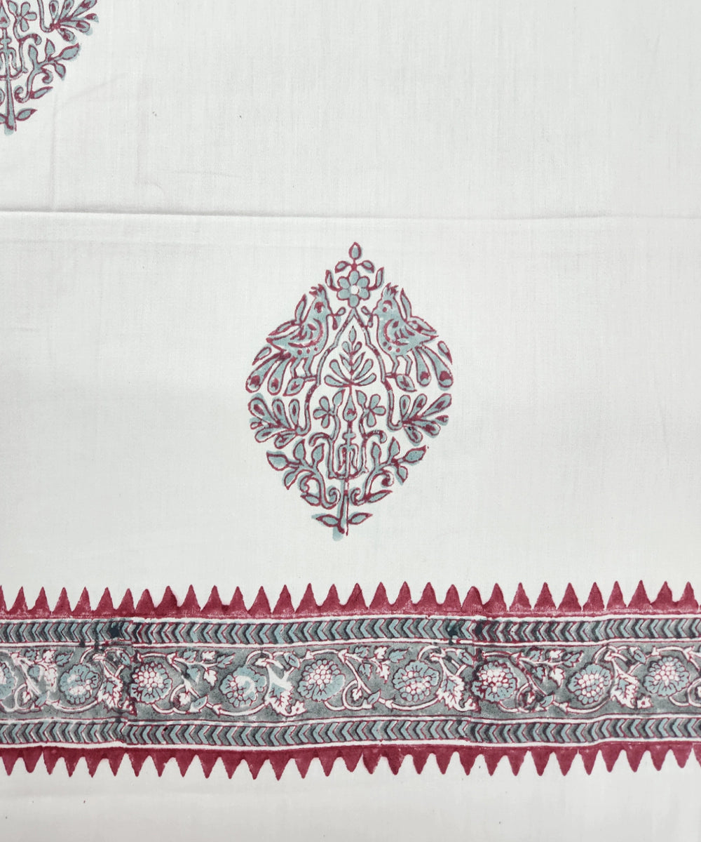 Light Nude Parrot Cotton Satin Block Printed King Bed Sheet With 2 Pillow Cover