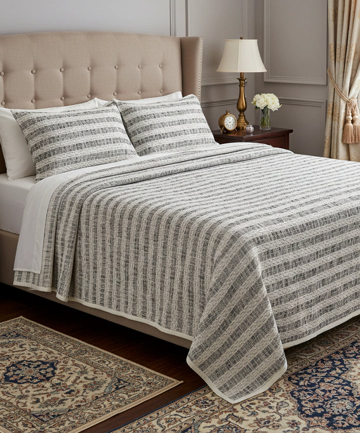 Off White & Charcoal Yarn Dye Cotton King Bedcover with 2 Pillow Covers
