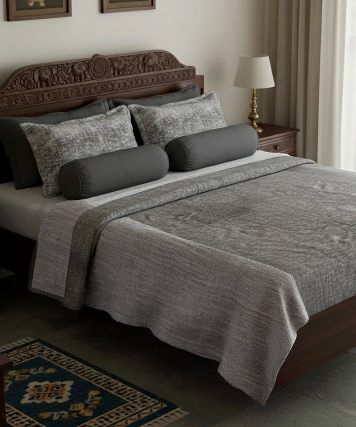 Grey & Black Cotton Chambray Slub King Bedcover with 2 Pillow Covers