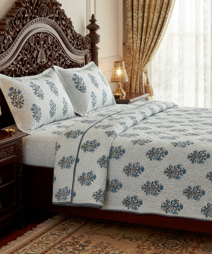 Off White with Blue Floral Block Printed Matelassé Jacquard Cotton King Bedcover with 2 pillow covers