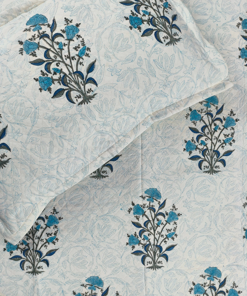 Off White with Blue Floral Block Printed Matelassé Jacquard Cotton King Bedcover with 2 pillow covers
