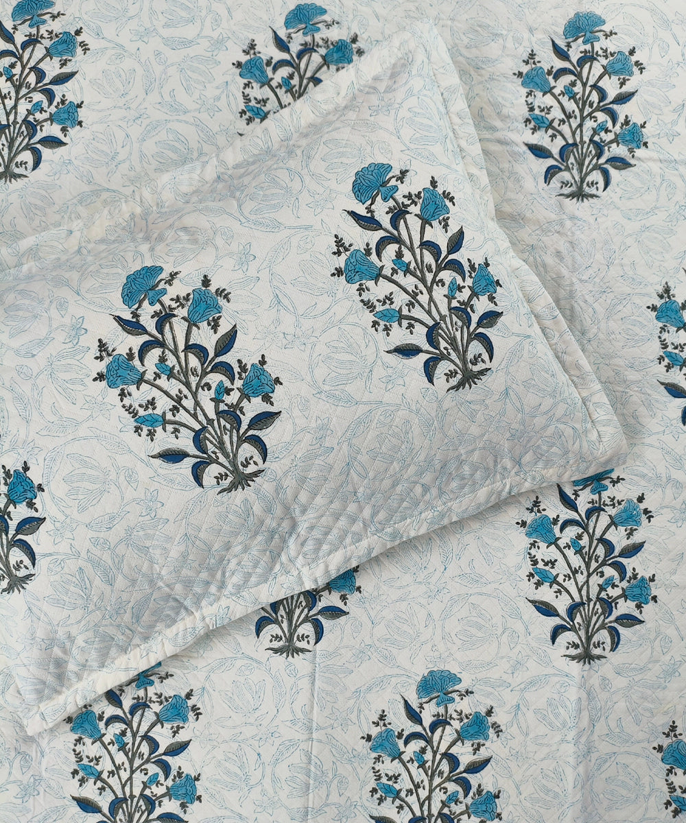 Off White with Blue Floral Block Printed Matelassé Jacquard Cotton King Bedcover with 2 pillow covers