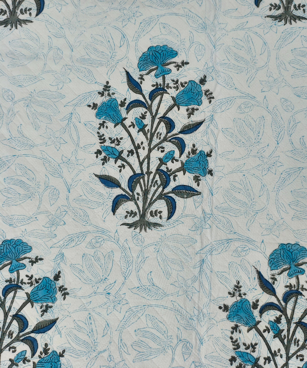 Off White with Blue Floral Block Printed Matelassé Jacquard Cotton King Bedcover with 2 pillow covers