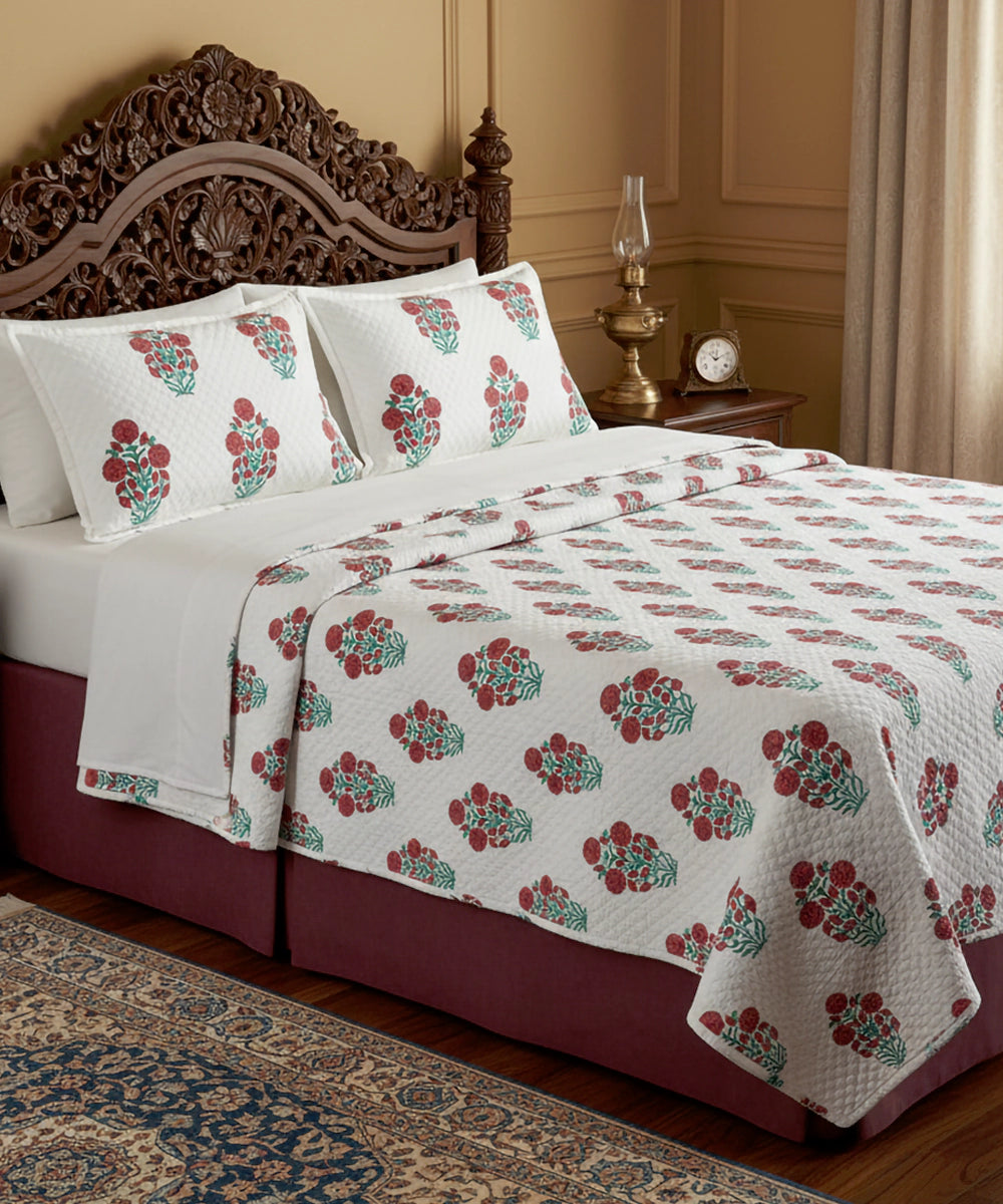 White with Red Floral Block Printed Matelassé Jacquard Cotton King Bedcover with 2 pillow covers