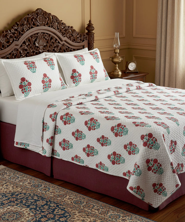 White with Red Floral Block Printed Matelassé Jacquard Cotton King Bedcover with 2 pillow covers
