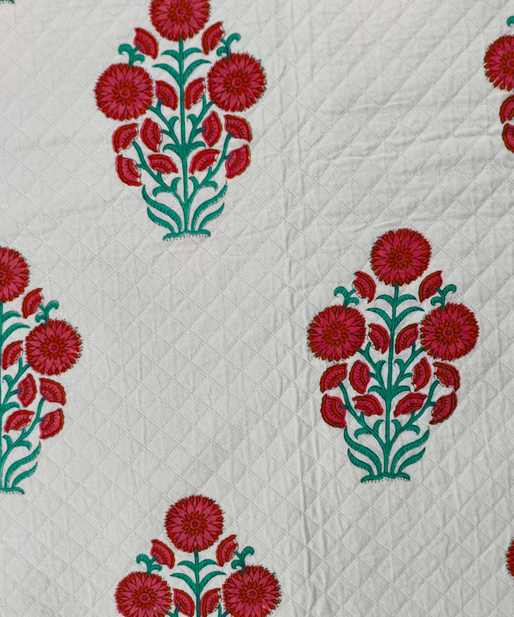 White with Red Floral Block Printed Matelassé Jacquard Cotton King Bedcover with 2 pillow covers