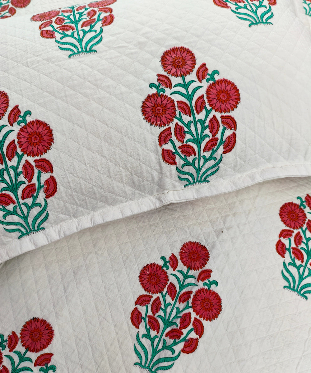 White with Red Floral Block Printed Matelassé Jacquard Cotton King Bedcover with 2 pillow covers