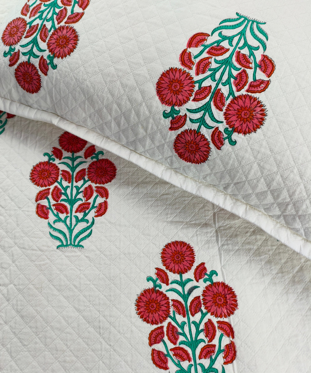 White with Red Floral Block Printed Matelassé Jacquard Cotton King Bedcover with 2 pillow covers