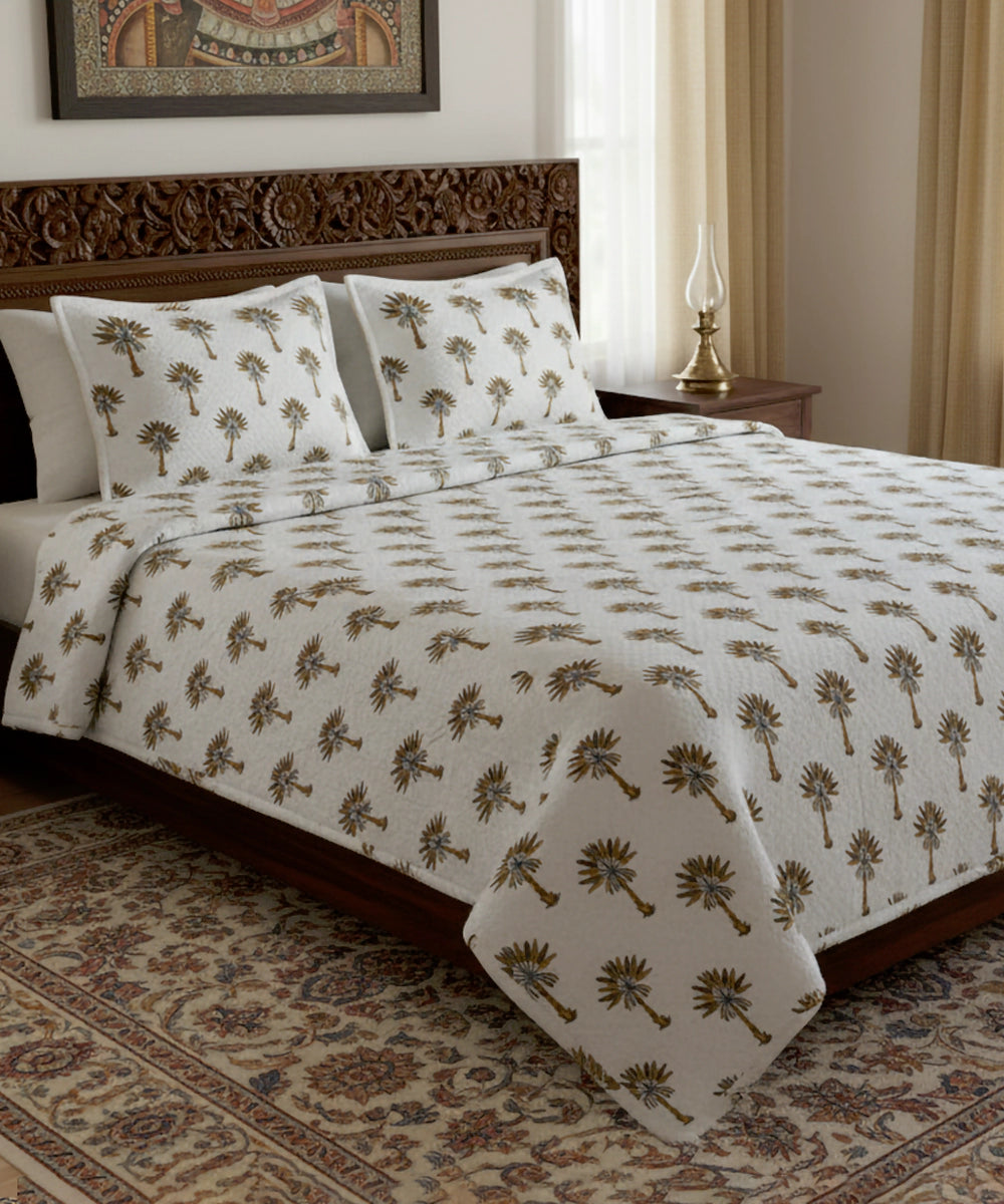 Palm Tree Block Printed Matelassé Jacquard Cotton King Bedcover with 2 pillow covers