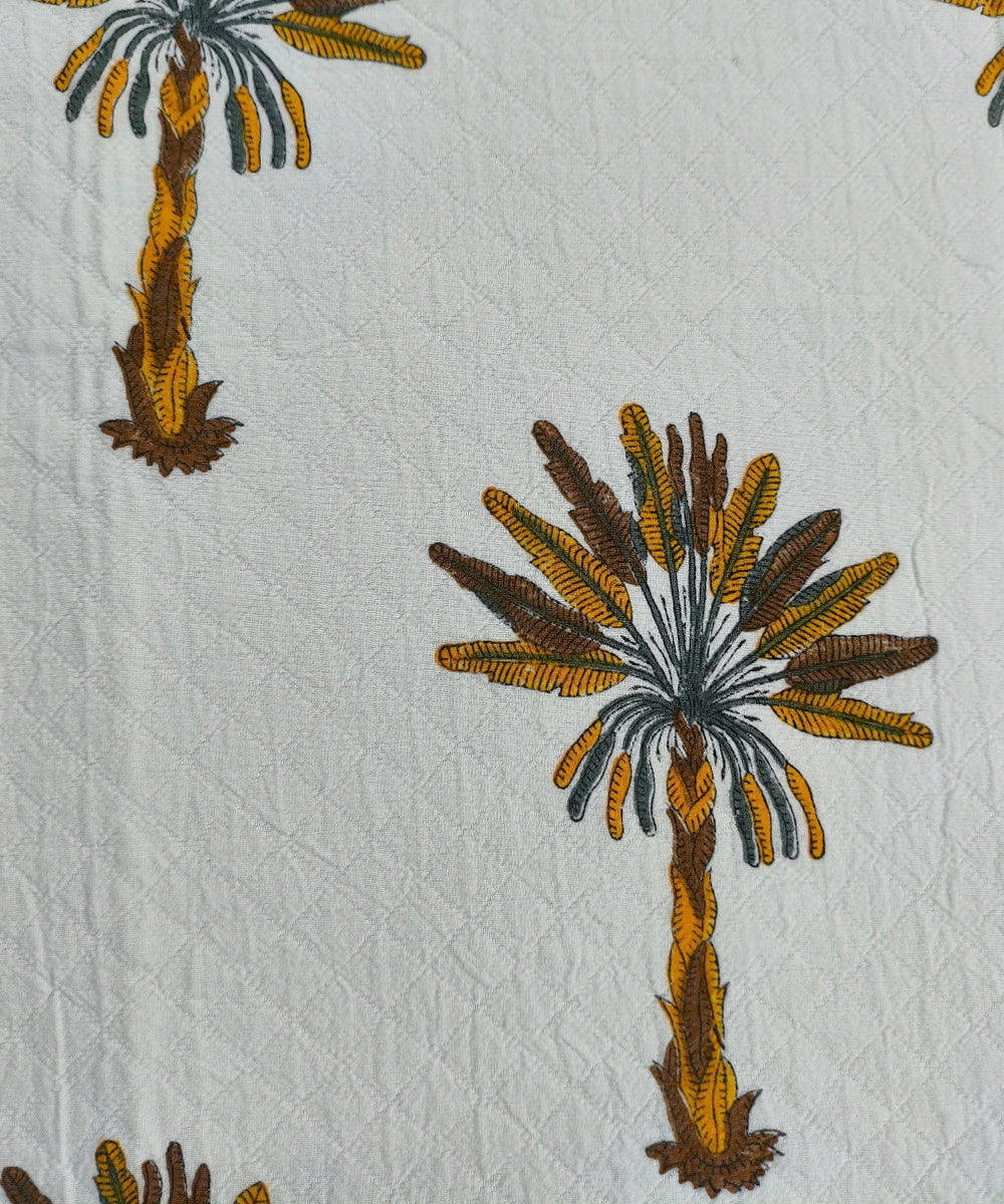 Palm Tree Block Printed Matelassé Jacquard Cotton King Bedcover with 2 pillow covers