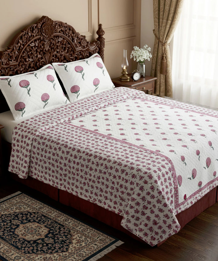 White with Pink Floral Block Printed Jacquard Cotton King Bedcover with 2 pillow covers