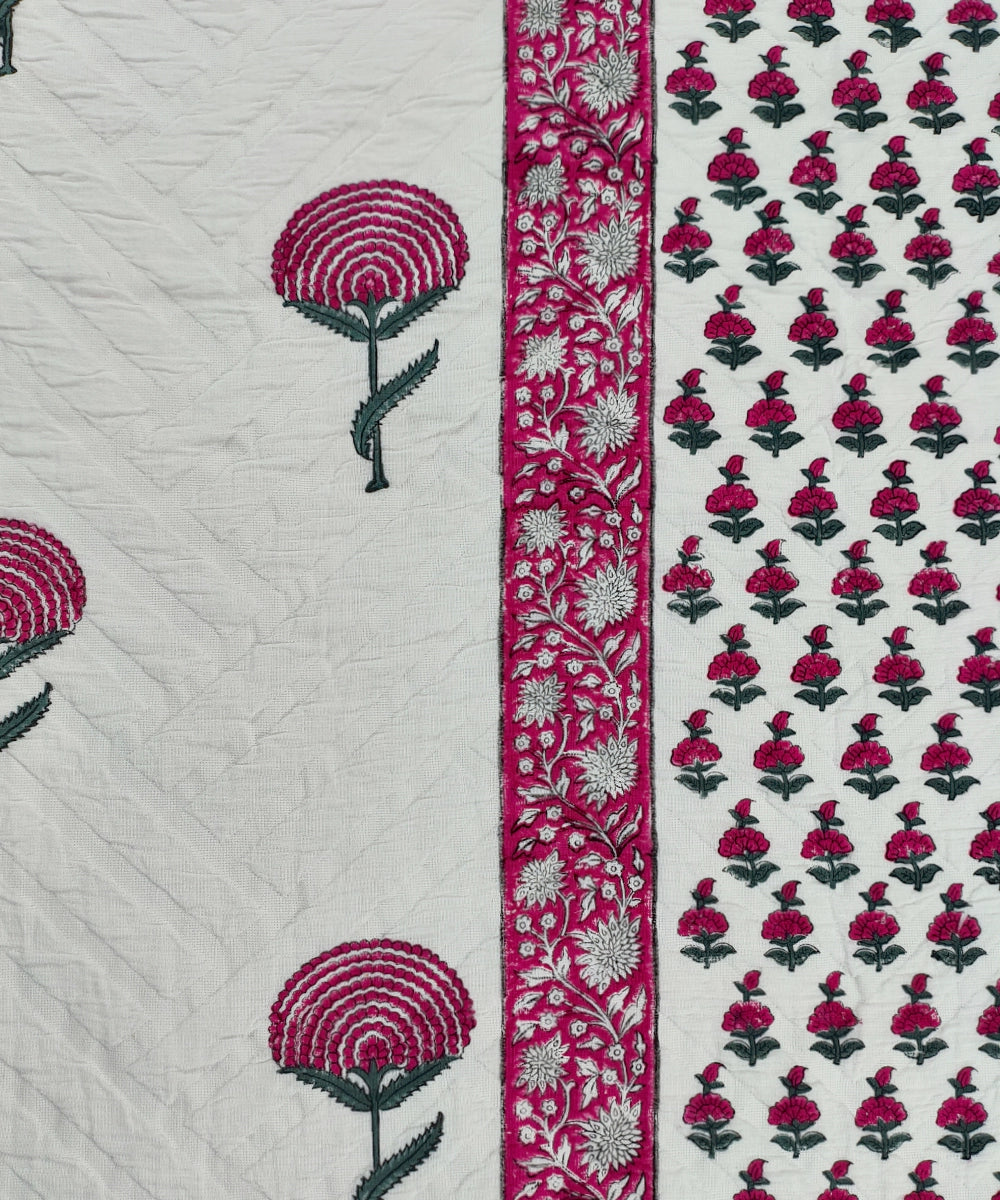 White with Pink Floral Block Printed Jacquard Cotton King Bedcover with 2 pillow covers