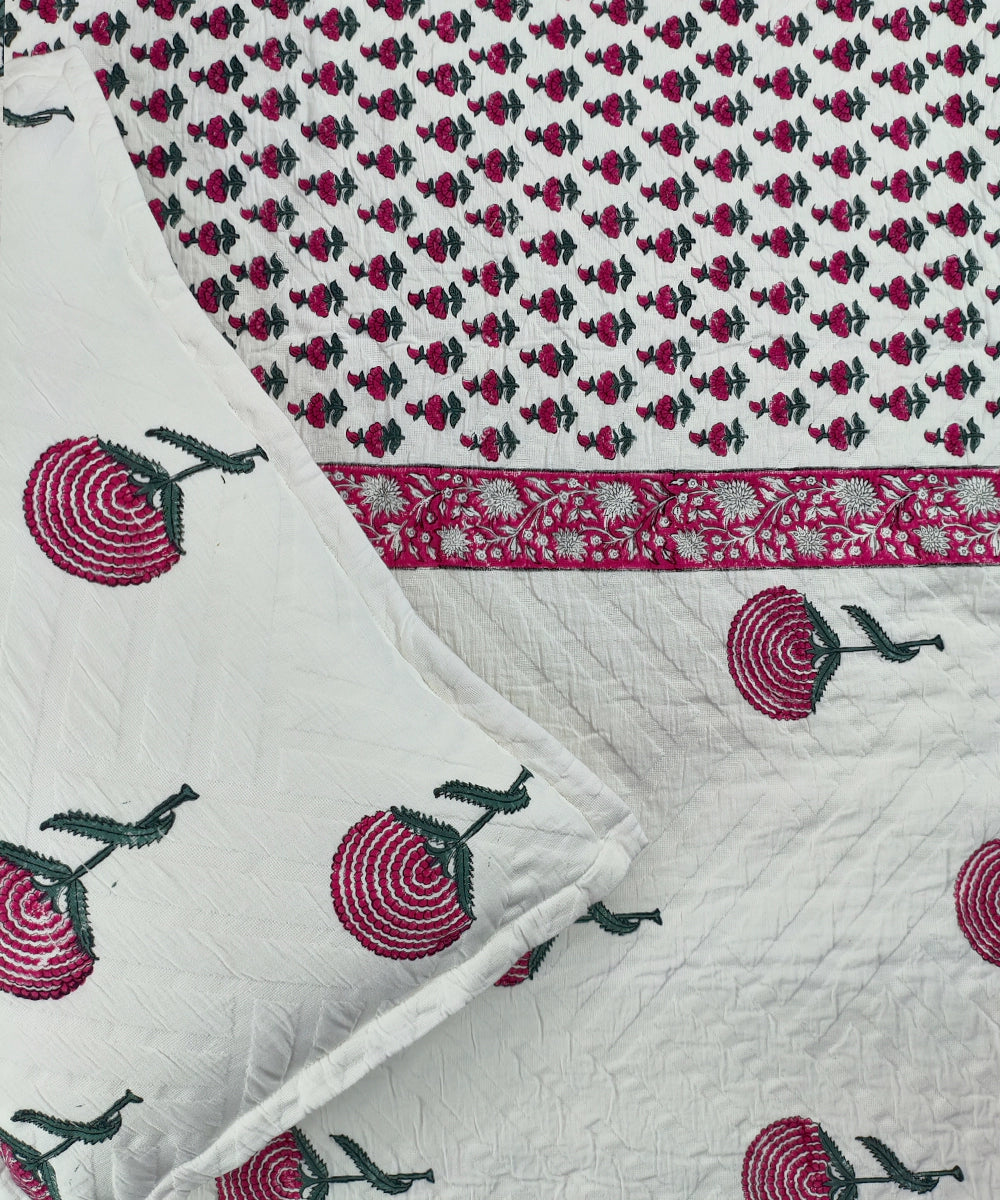 White with Pink Floral Block Printed Jacquard Cotton King Bedcover with 2 pillow covers