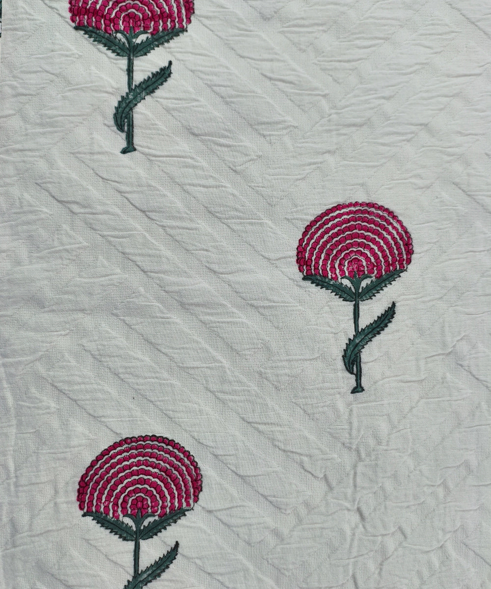 White with Pink Floral Block Printed Jacquard Cotton King Bedcover with 2 pillow covers
