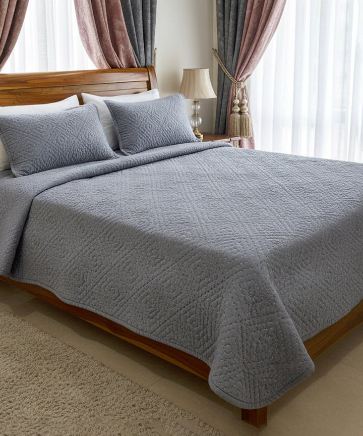 Blue Chambray Rhombus Hand Quilted Cotton Bedcover cum Comforter with 2 Pillow Covers
