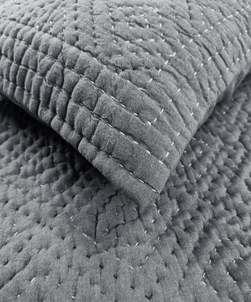 Blue Chambray Rhombus Hand Quilted Cotton Bedcover cum Comforter with 2 Pillow Covers