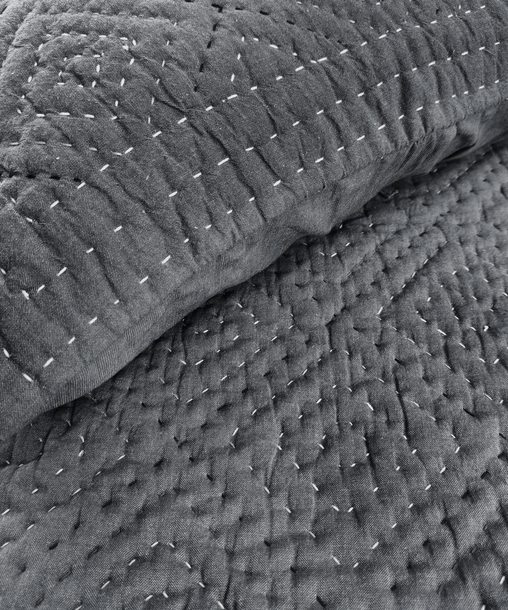 Blue Chambray Rhombus Hand Quilted Cotton Bedcover cum Comforter with 2 Pillow Covers