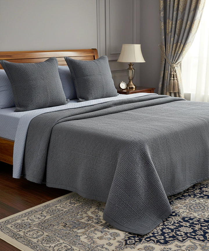 Dark Grey Quilted Cotton Bedcover with 2 Cushion Covers (24x24 Inches)