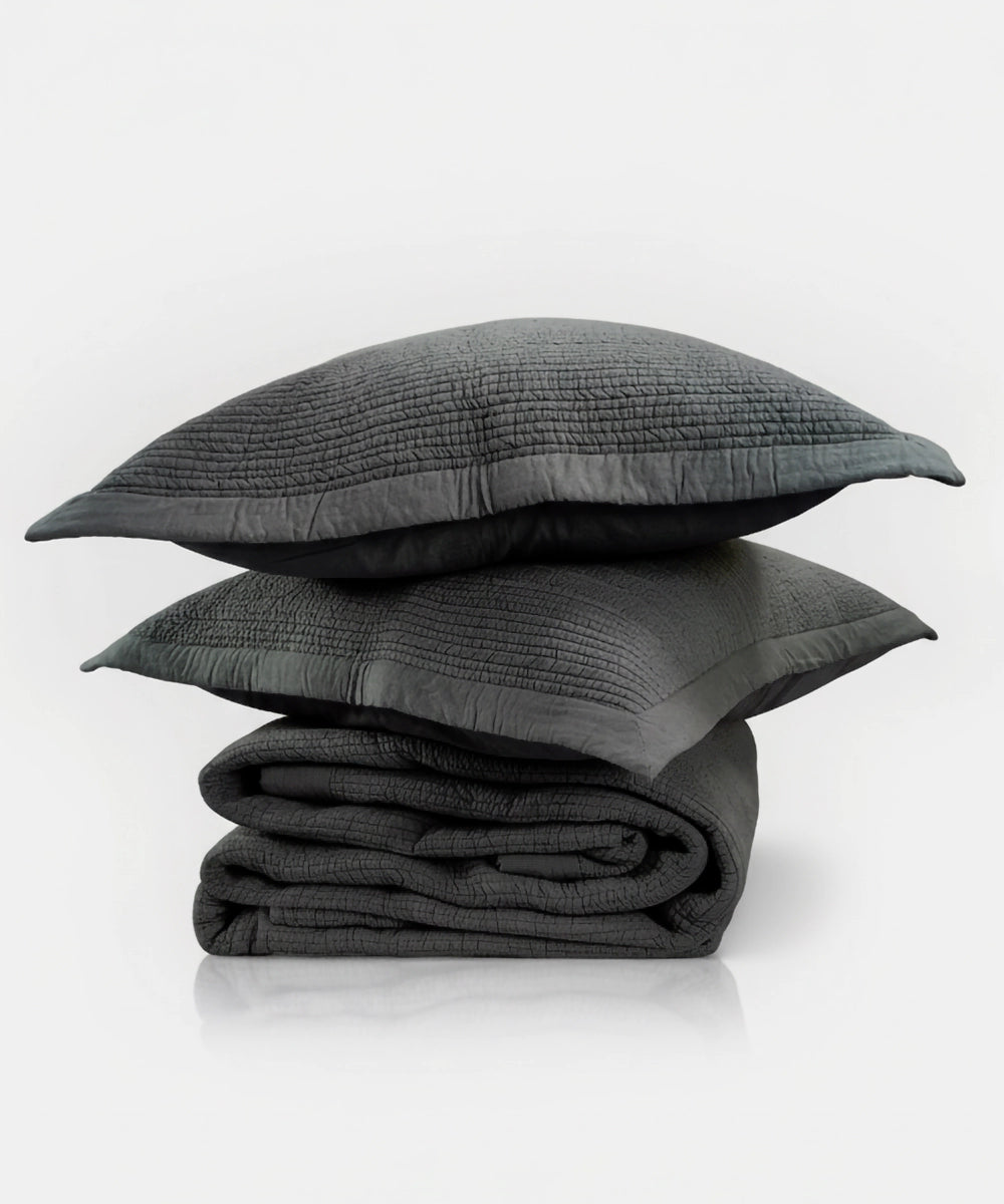 Dark Grey Quilted Cotton Bedcover with 2 Cushion Covers (24x24 Inches)