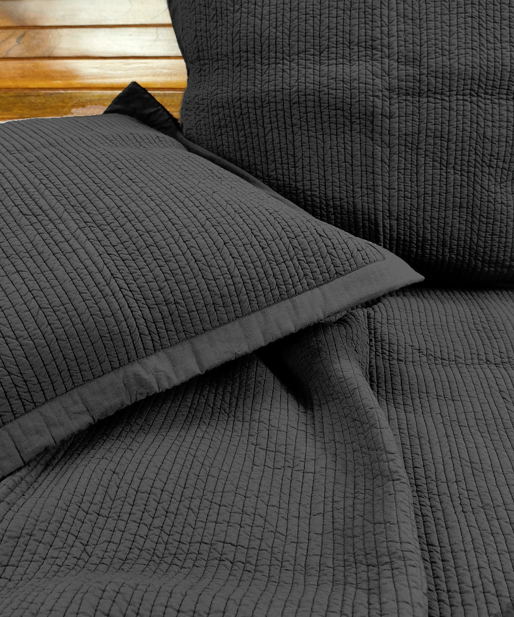 Dark Grey Quilted Cotton Bedcover with 2 Cushion Covers (24x24 Inches)