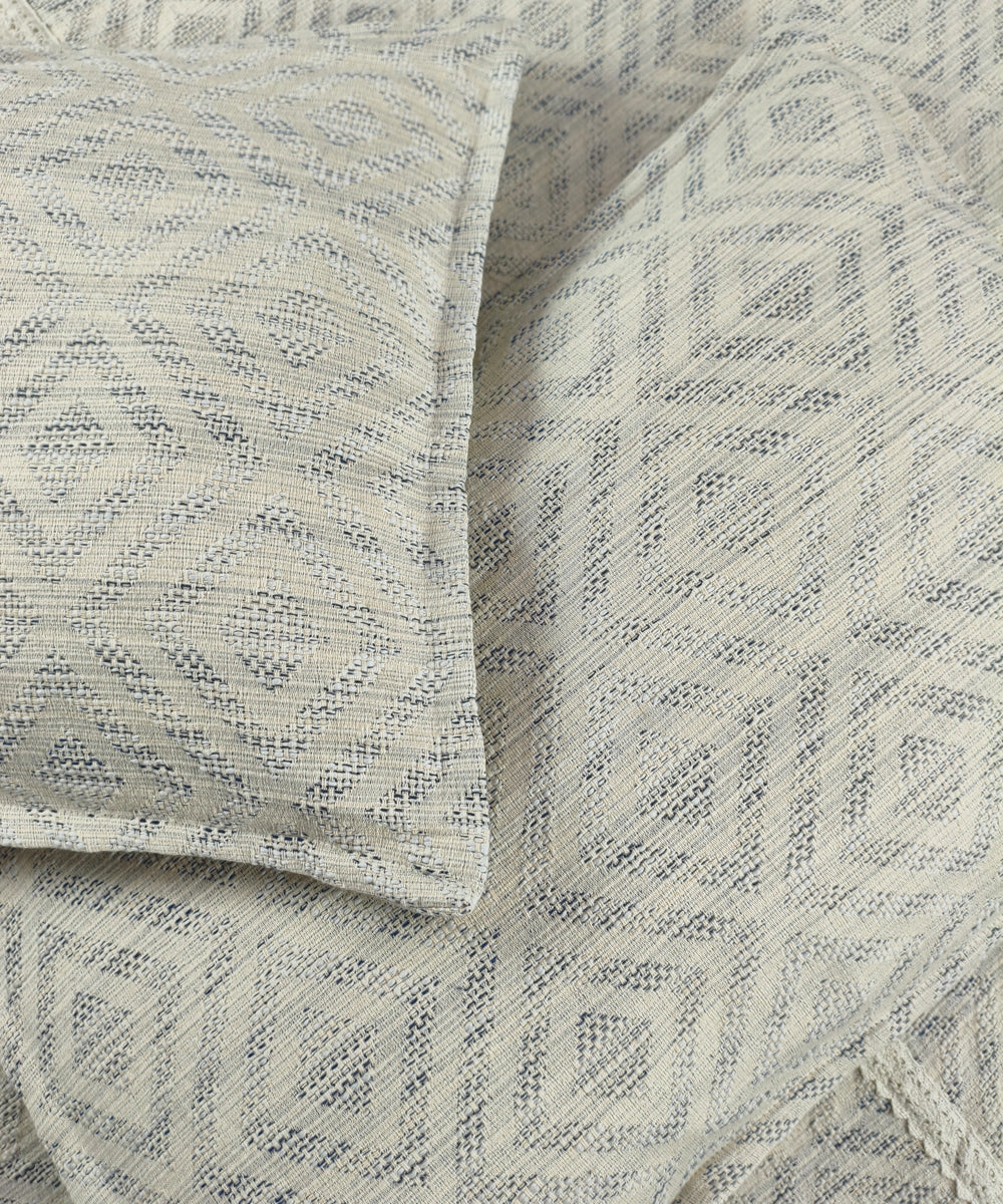 Off White & Grey Cotton Jacquard Lace King Bedcover with 2 Pillow Covers