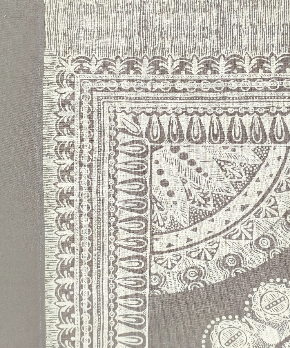 Taupe & Off White Floral Printed Cotton Bedcover with 2 Pillow Cases