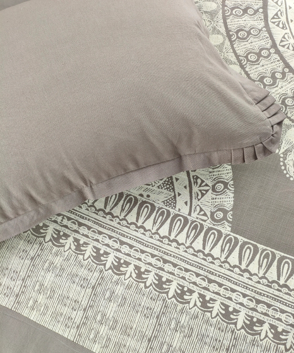 Taupe & Off White Floral Printed Cotton Bedcover with 2 Pillow Cases