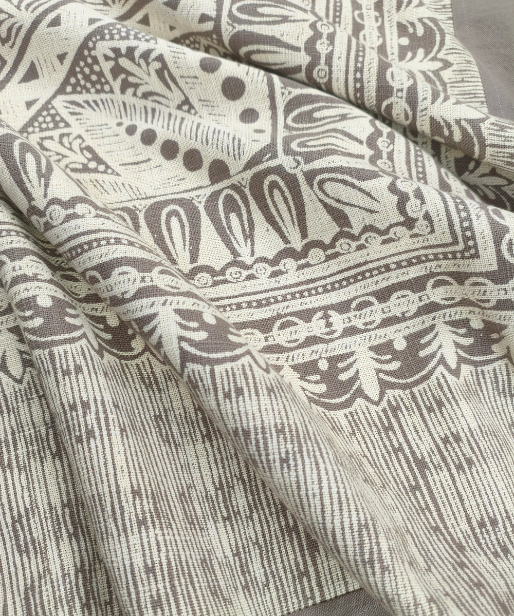 Taupe & Off White Floral Printed Cotton Bedcover with 2 Pillow Cases