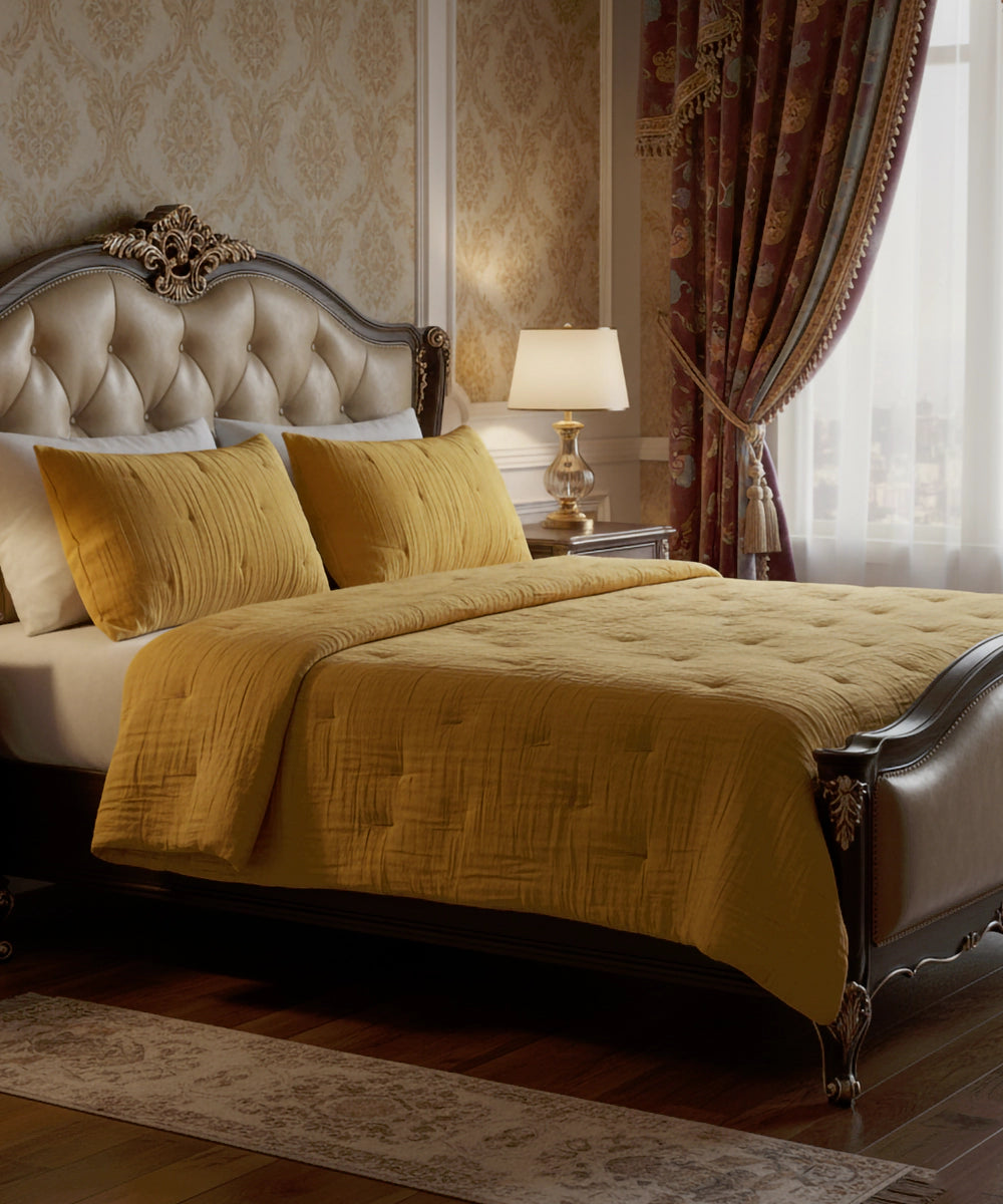 Mustard & Grey Reversible Hand Quilted Comforter with 2 Pillow Covers