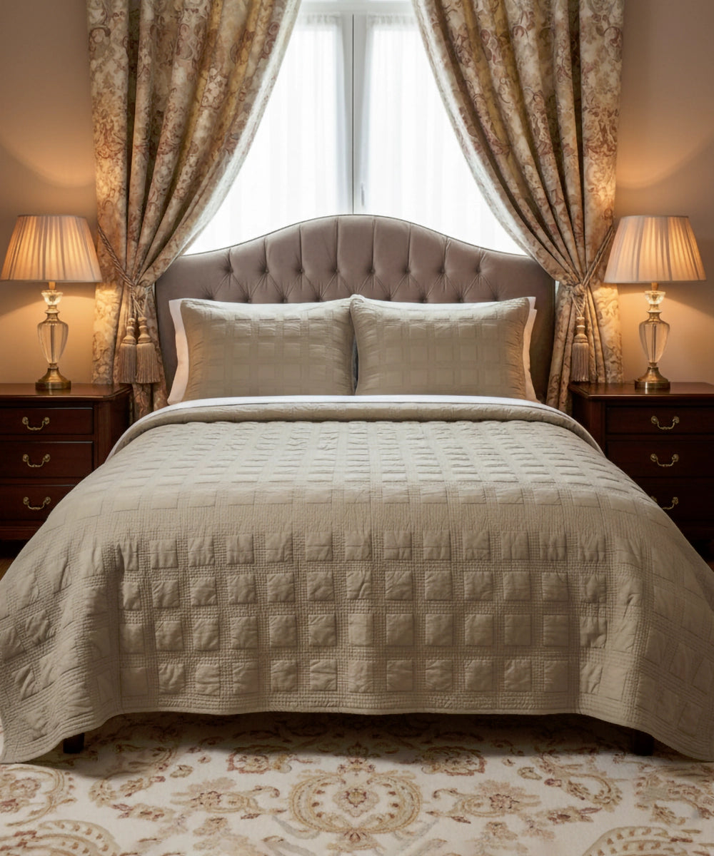 Beige Checks Quilted Bedcover / Comforter with 2 Pillow Covers
