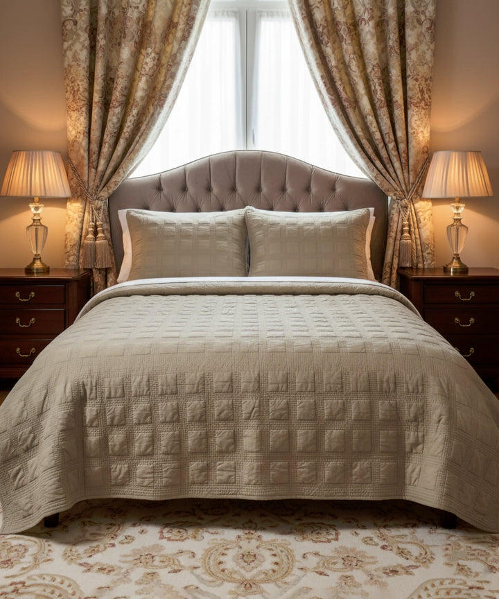 Beige Checks Quilted Bedcover / Comforter with 2 Pillow Covers