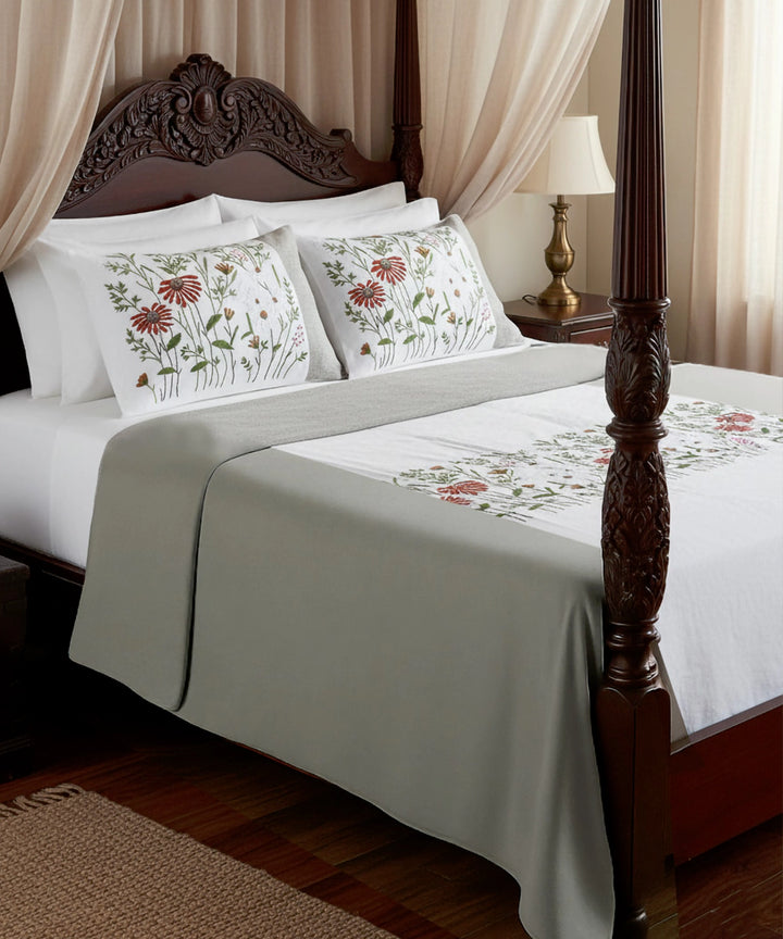 Ivory & Grey Floral Hand Embroidered Cotton King Bedcover Set