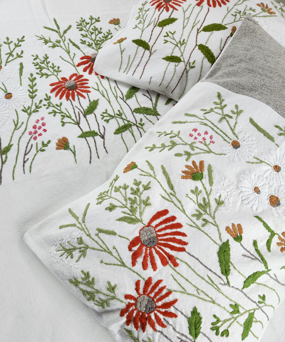Ivory & Grey Floral Hand Embroidered Cotton King Bedcover Set