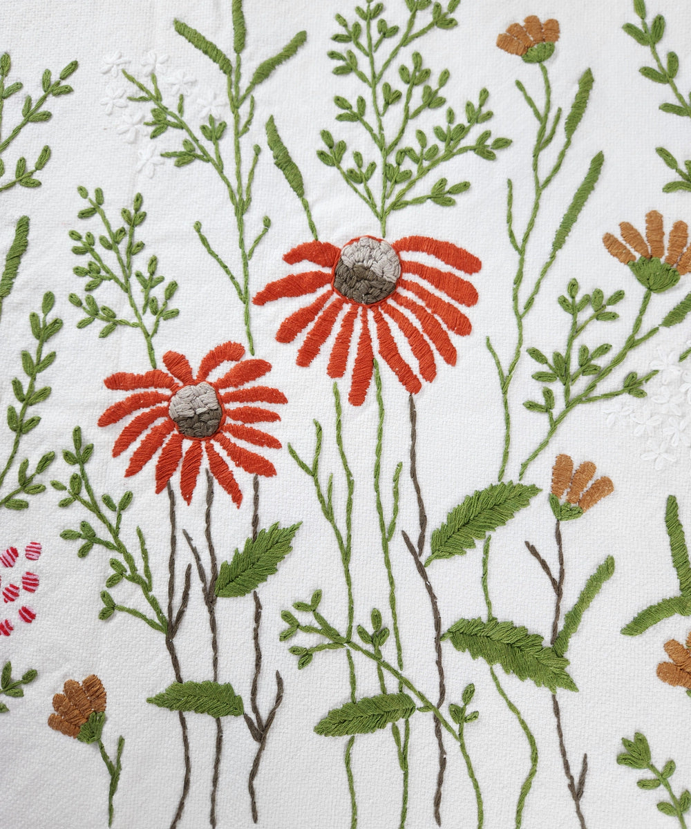 Ivory & Grey Floral Hand Embroidered Cotton King Bedcover Set