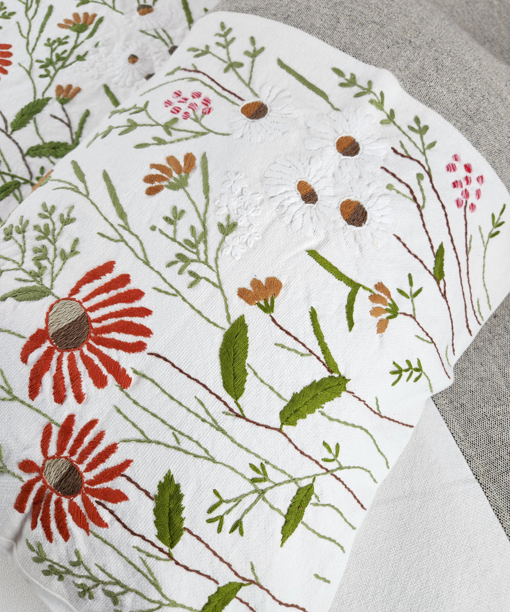 Ivory & Grey Floral Hand Embroidered Cotton King Bedcover Set