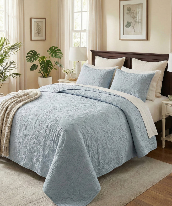 Bluish Grey Leaf Pattern Quilted King Bedcover with 2 pillow covers