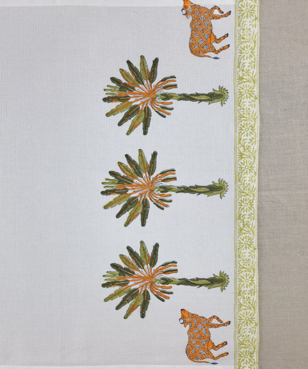 White & Green Palm and Cow Hand Block Printed Cotton Dobby Bath Towel