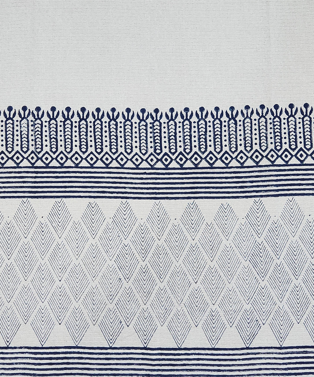 Block Printed Bath Towel | White & Indigo Geometric  | Cotton Dobby