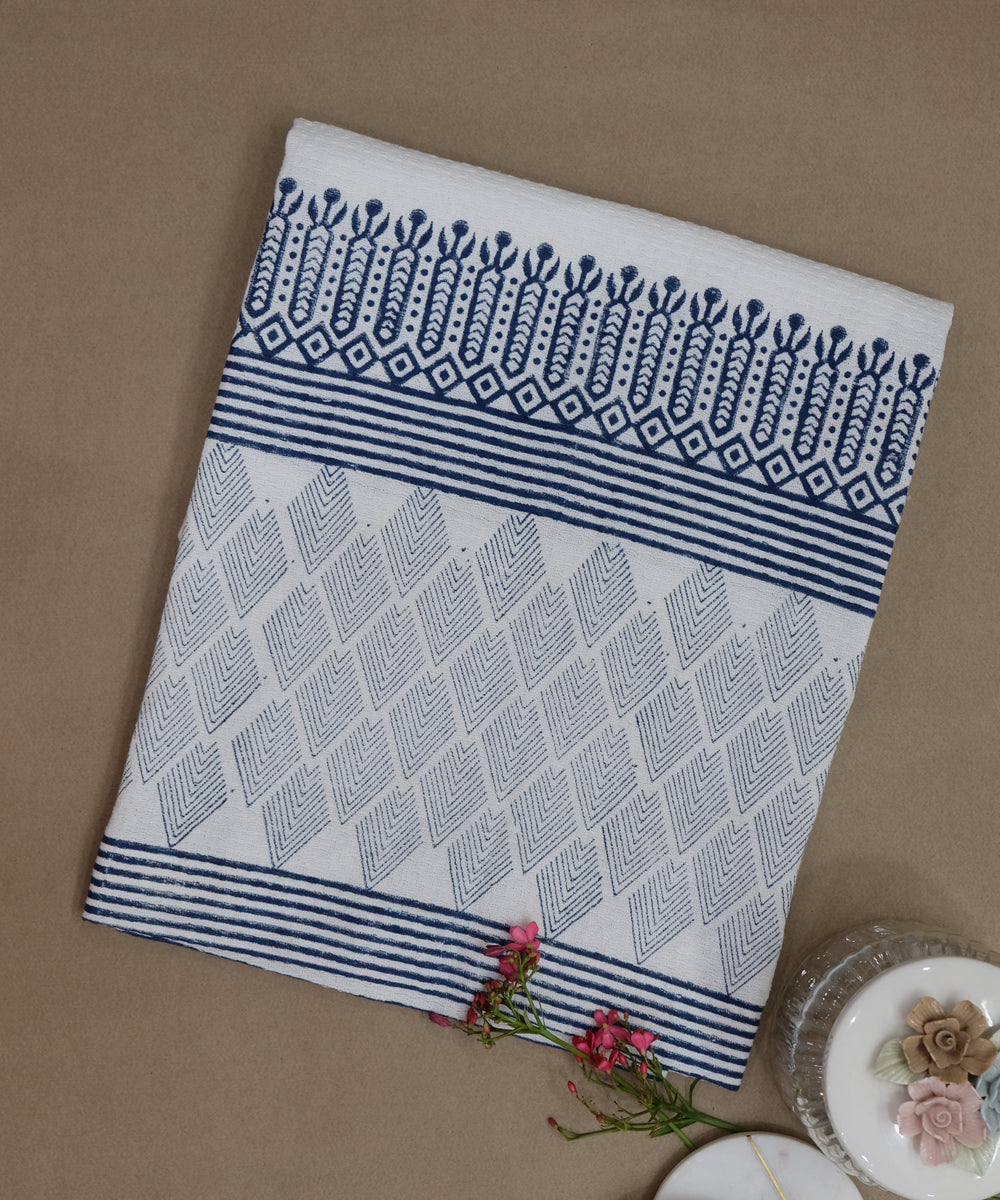 Block Printed Bath Towel | White & Indigo Geometric  | Cotton Dobby